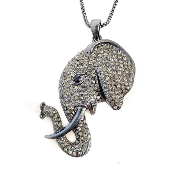 Elephant Head Gray & Black Rhinestones 1 or 2 Strand Pendant Long Necklace 34" - Picture 1 of 6